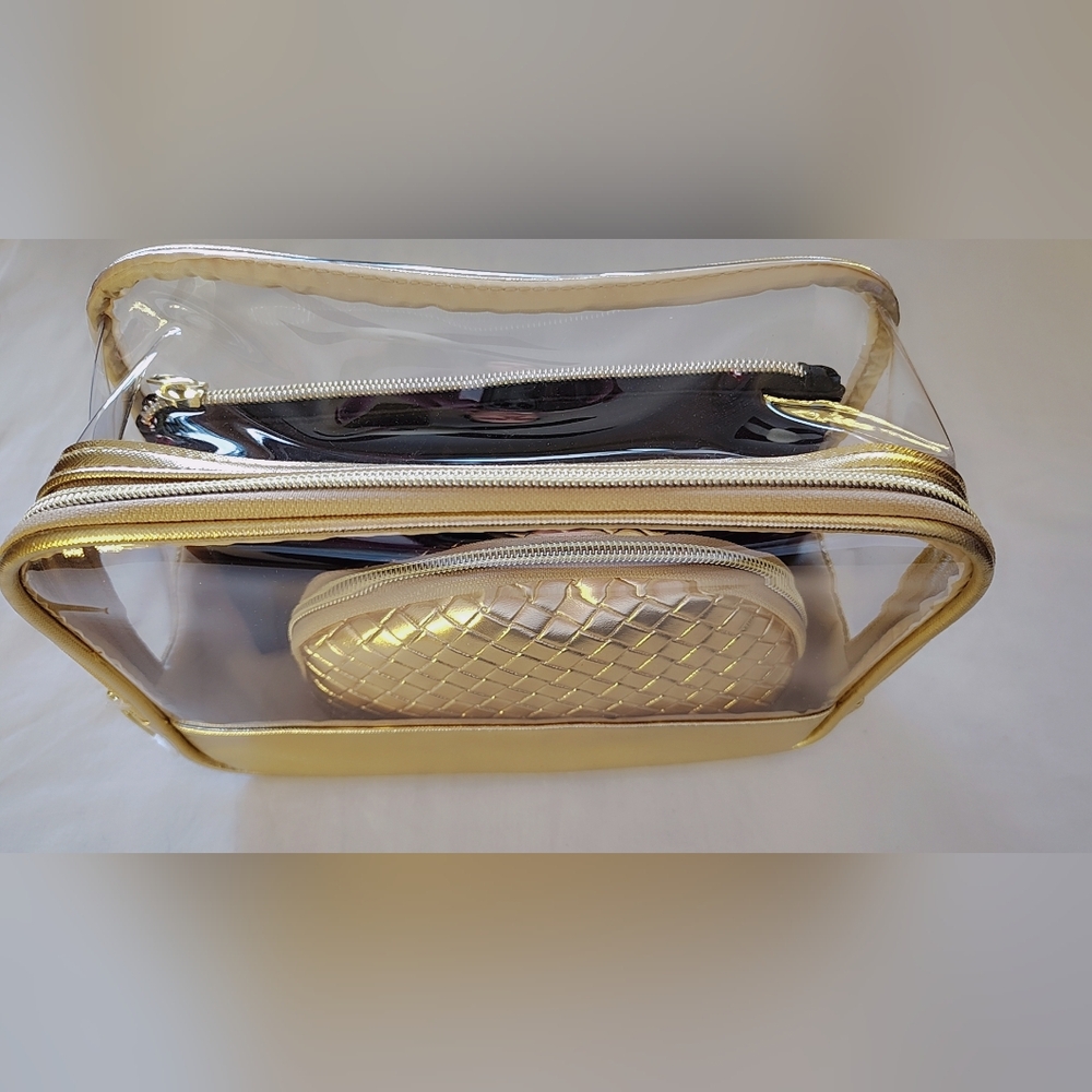 ✨ NWT 3-Piece Travel Cosmetic Bag Set – Gold, Black & Clear ✨ - Picture 4 of 8